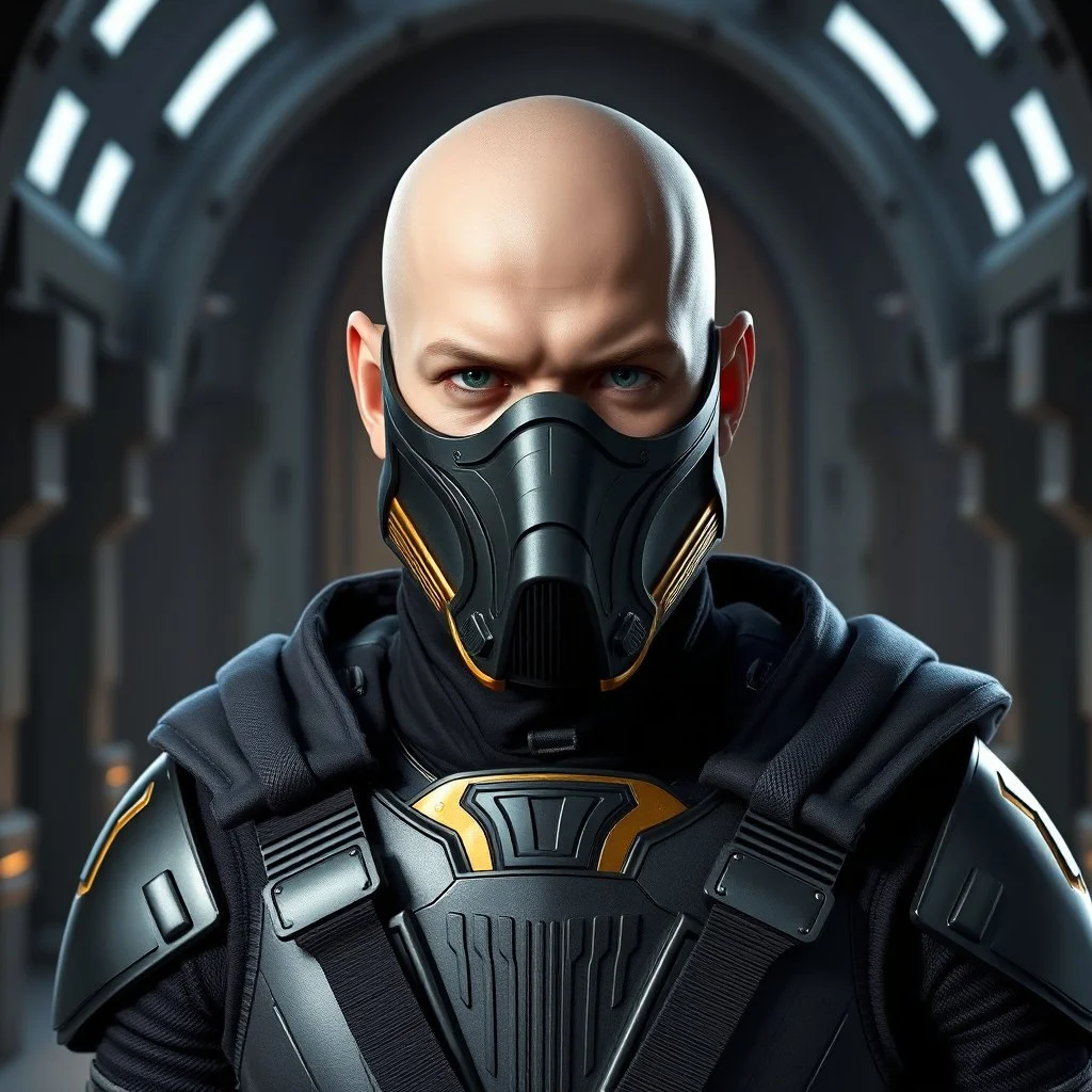 star wars bald male corellian jedi wearing gunmetal grey and black old republic armored flightsuit and breath mask with gold and metallic red trim inside the jedi temple, centered head and shoulders portrait, hyperdetailed, dynamic lighting, hyperdetailed background, 8k resolution, volumetric lighting, light skin, fully symmetric details