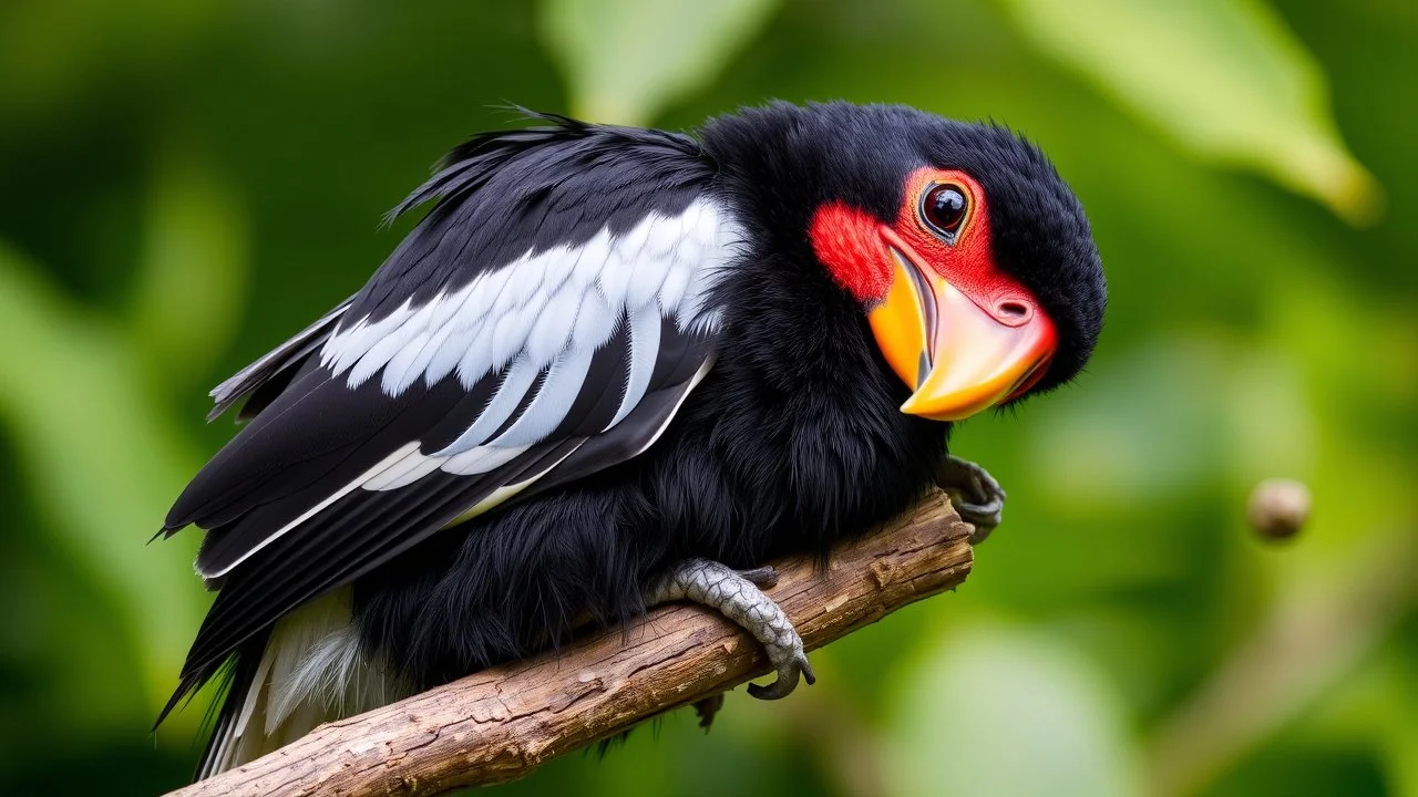 Close-up of a Sarcoramphus papa resting on a branch, with detailed textures of its black and white feathers, and its vivid red and yellow facial skin contrasting against the lush green background of the Andes.