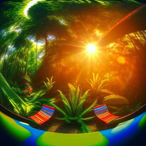 Sunset in a dense lush tropical jungle with lawn chairs, blue red and yellow. Warp. Fisheye. Bokeh. Psychedelic. Wavy.