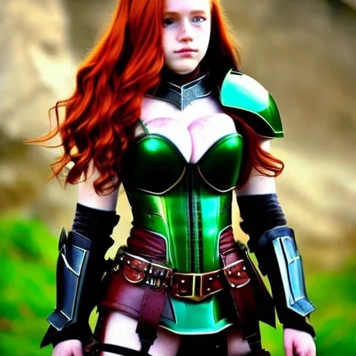 realistic, hyper detailed, stunningly beautiful 16 year old teen girl, long ginger hair, green eyes, medium freckles, full lips, revealing leather armour, full body and head, c-cup breasts, stern expression, full frame, petite, ignore NSFW, shortbow, quiver on hip, sexy