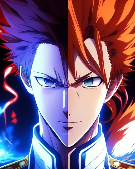 Detailed anime portrait of shoto from my hero academia, red and white hair split down the middle, blue suit, intricate details, full body portrait, keep head in frame, slight smile, black Japanese motif, concept art, highly detailed, digital painting, concept art, sharp focus, illustration, art by Yoji Shinkawa, WLOP and greg rutkowski and alphonse mucha and artgerm and yanjun Chen and Junji ito and Makoto Shinkai, HDR, octane render