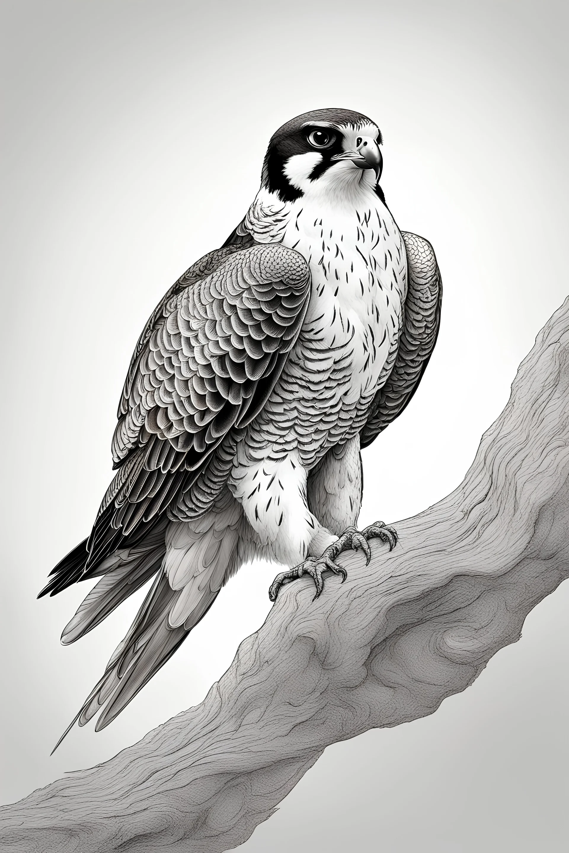 "Create an AI line art piece featuring the Peregrine Falcon, half body short, front short, one of nature's fastest and most agile predators. Capture the bird in flight, showcasing its incredible speed and grace. Highlight the intricate details of its feathers and the intensity in its eyes, embodying the essence of this magnificent raptor."