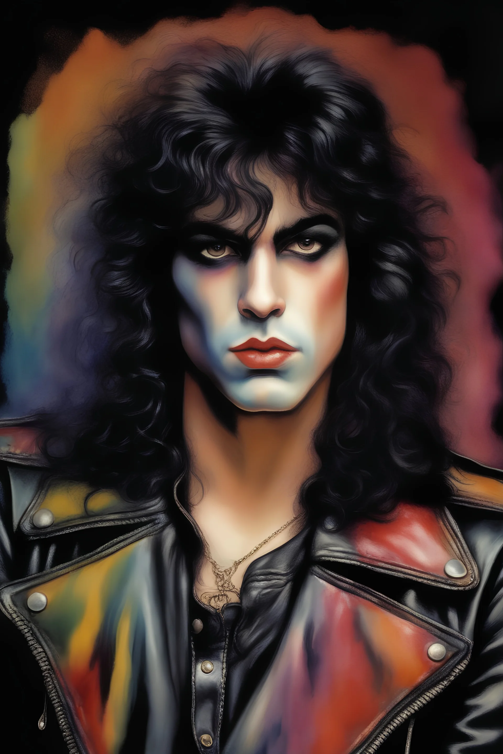 text "KISS" - facial portrait with makeup - 20-year-old Paul Stanley with long, wavy curly black 1980's style big hair, wearing a black leather jacket, extremely colorful, multicolored watercolor stained wall in the background - in the art style of Boris Vallejo, Frank Frazetta, Julie bell, Caravaggio, Rembrandt, Michelangelo, Picasso, Gilbert Stuart, Gerald Brom, Thomas Kinkade, Neal Adams - explosions, flames, fog, clouds, dust,