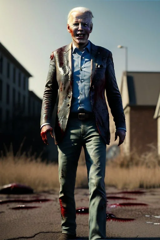 Ultra realistic image, joe biden zombie, zombie performance, blood, torn arm, night, walking twisted, waist up view, walking dead style, dark ambient, highly detailed, sky background, concept art, unreal engine 5, god rays, ray tracing, RTX, lumen lighting, ultra detail, volumetric lighting, 3d, finely drawn, high definition, high resolution.