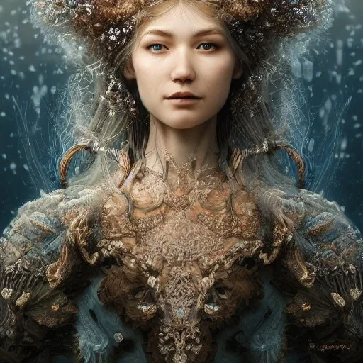 Insanely detailed photograph of an “portrait of gorgeous nordic goddess” with intricate hair, intricate embroidered dress, beautiful clear face and hyperdetailed painting by Ismail Inceoglu Huang Guangjian and Dan Witz CGSociety ZBrush Central fantasy art album cover art,8K, hdr, romantic, mysterious, ominous, snowflakes, jewelry, comfort, natural eyes, symmetry!!