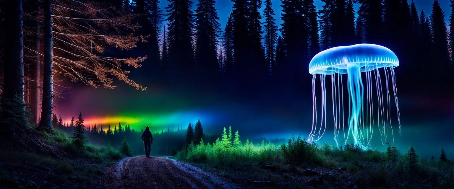 Bigfoot, investigating, closeup, giant bio luminous Rainbow floating high JellyFish, light floating in a forest, mist, light trails, nighttime, long exposure, Treeline, Alberta, scientist, Dystopian, Hyper detailed, Realistic, Extreme depth of field, bokeh blur, Alberta all-natural, National Geographic, in the style of candid, imperfection, natural lighting, cinematic, Fuji Film, Anamorphic lens, 2040s, --ar 4:5 --w 150 --style ra