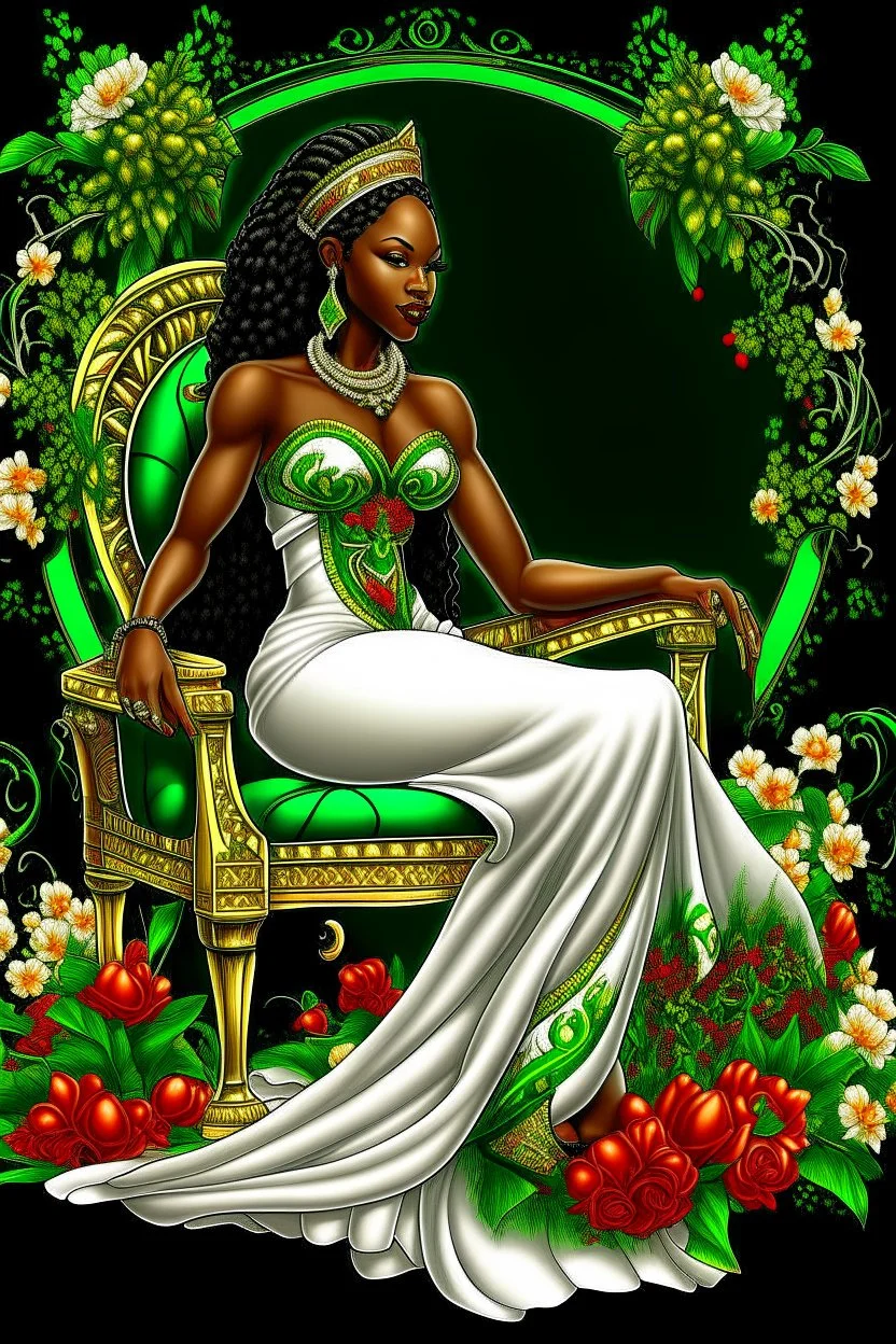 Create a digital airbrush cartoon of a curvy African American female sitting sideways on a queen throne. She is wearing a white shiny gown with white heels. Prominent make up with brown eyes. Highly detailed black and off-white braids in her hair. The braids are flowing all directions with a crown on her head. Background of green, black and red flowers surrounding her