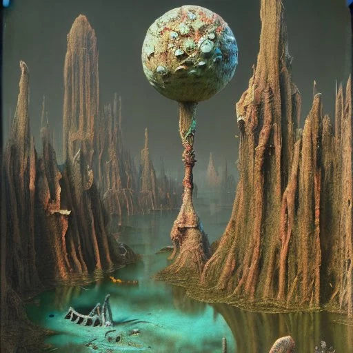 Hyperrealistic creepy landscape, odd, polaroid, Walton Ford, Max Ernst, 3d, sharp focus, noon light, bright colours, high resolution, very detailed, volumetric light, mist, grim, fine art, decaying, textured oil over canvas, very colorful, ornate