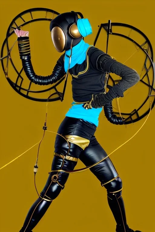 Bronze color, Yellow, Black Cyan photograph Cyber-punk, full-mask, AKG-style big headphones, golden rings & disc, fencing mask. Wounded archer. Asa Akira, lightly armored, electronic circuits. Guns, 3D-Escher tiling, background. Thick tights, thick calves, bend fell, wide hip, flat belly. Ancient artifact attached. Perfect body. Daft Punk, Tron Movie. Matrix movie clothes, Silver leather area, tippet, latex. Wicked sneakers. 1990's, old telephone microphone. Surreal. Minimal fashion Future