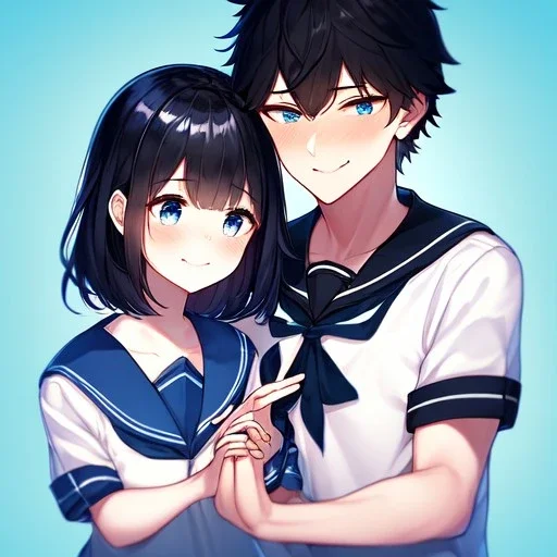 Clear focus,High resolution, Black short fluffy hair, and blue eyes, wearing a sailor uniform, must wear a short skirt, Blushing, Holding another girls hand, smiling, other girl nervous