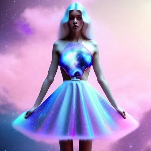 Fuul body white woman with legs, long blond hair, blue eyes, pink and blue dress in a galactic ambiance, delicate colors in the foreground, full of details, smooth, light effect，vaporwave colorful, smooth, extremely sharp detail, finely tuned detail, ultra high definition, 8 k, unreal engine 5, ultra sharp focus