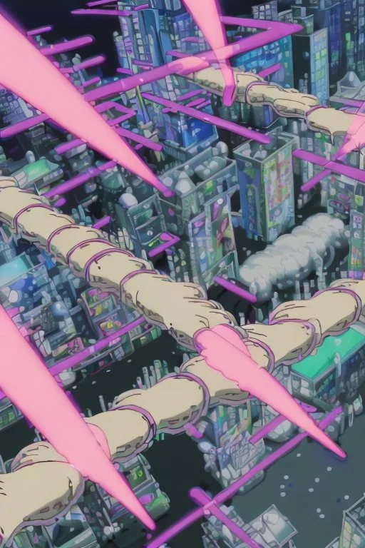 A kinetic still from a chase scene in Gastown, showing Yui and Toshi navigating through a maze of unpredictable, odd tech. Unstable portals open and close randomly, buildings shift and transform in real-time, and drones with morphing geometries pursue them. The neon-lit, chaotic tech-scape adds a surreal dimension to their escape.