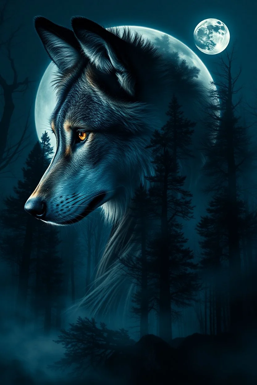 double exposure stunning mystic woman-wolf hybrid portait, forest, moon, smoke, ultra-high detailed, deep dark colors, dark fantasy, intricate detail, cinematic, masterpiece, sharp focus, dark ethereal fantasy, hyperdetailed, atmospheric , dark surreal fantasy