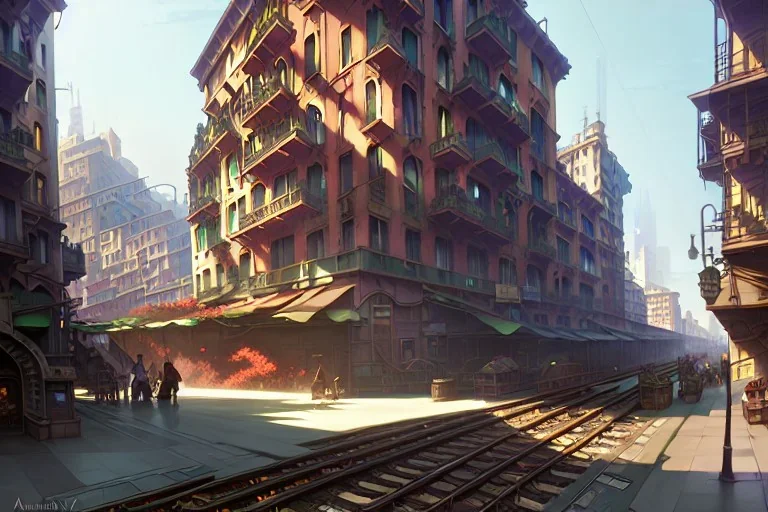 Elevated Train+corner building+train+greengrocer in colorful genoa street+Italian medieval town +Italian city sea+alphonse mucha, greg rutkowski,matte painting, cryengine, hyper detailed, felix kelly, fantasy art, seb mckinnon