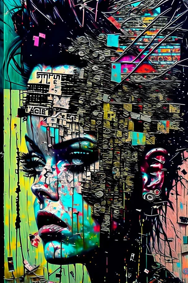 Ultra detailed medium portrait painting of anxiety , torn up collage of clippings, broken circuitry background, matrix effects, punk visual art, punk art aesthetic, graffiti art, pop surrealism, collage art, cluttered paint glitches