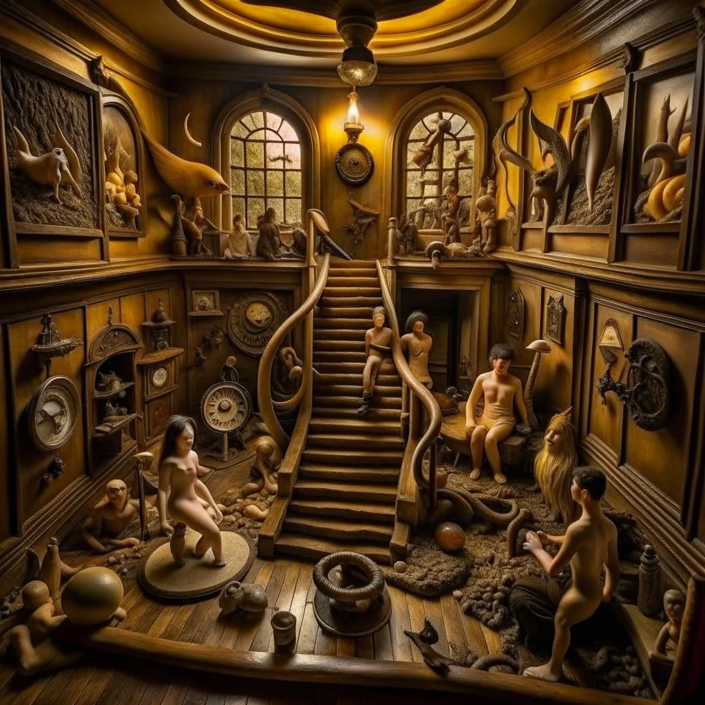 Close-up photography of interior inspired by Maurits Cornelis Escher full of odd impassive smerping people, George Grosz, Yves Tanguy, lost souls in hell, beasts, hypermaximalist, truly surreal place, bodies, sundial light, hypnotic Hieronymus Bosch, nightmare, intricate, inferno