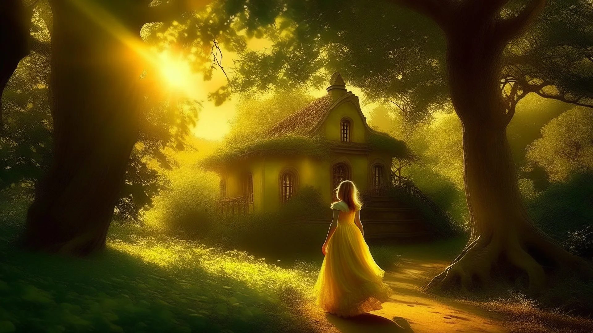 As the sun dipped below the horizon, Sarah twirled beneath the vibrant green tree, the soft fabric of her yellow dress catching the golden light. This house, a sanctuary of warmth and solitude, echoed her dreams of escape and adventure. Each evening, she danced alone, imagining the stories hidden within its walls and longing for the day when a kindred spirit would share the magic of this place, turning solitude into a cherished companionship. In that moment, she felt the promise of new beginning