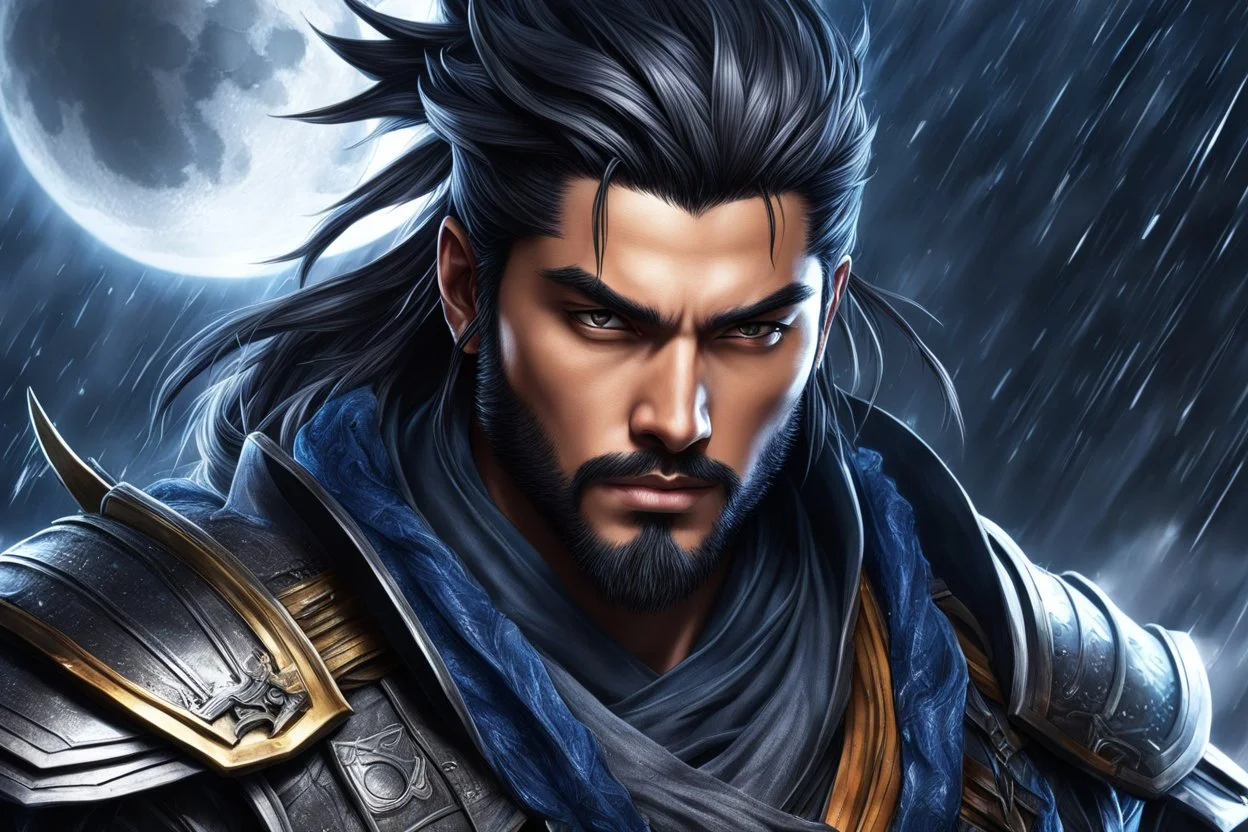 Yasuo in 8k realistic anime drawing style, machine venom them, fantasy world, moon, rain, highly detailed, high details, detailed portrait, masterpiece,ultra detailed, ultra quality