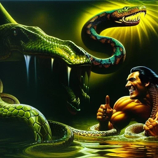 portrait oil on canvas,'And the serpent cast out of his mouth water as a flood after the woman, that he might cause her to be carried away of the flood',comic book cover, mystical colors,insanely detailed,realistic,intrincate detail, 16k resolution, masterpiece,Simon Bisley,Frank Frazetta,Alex Horley,ARTHUR ADAMS