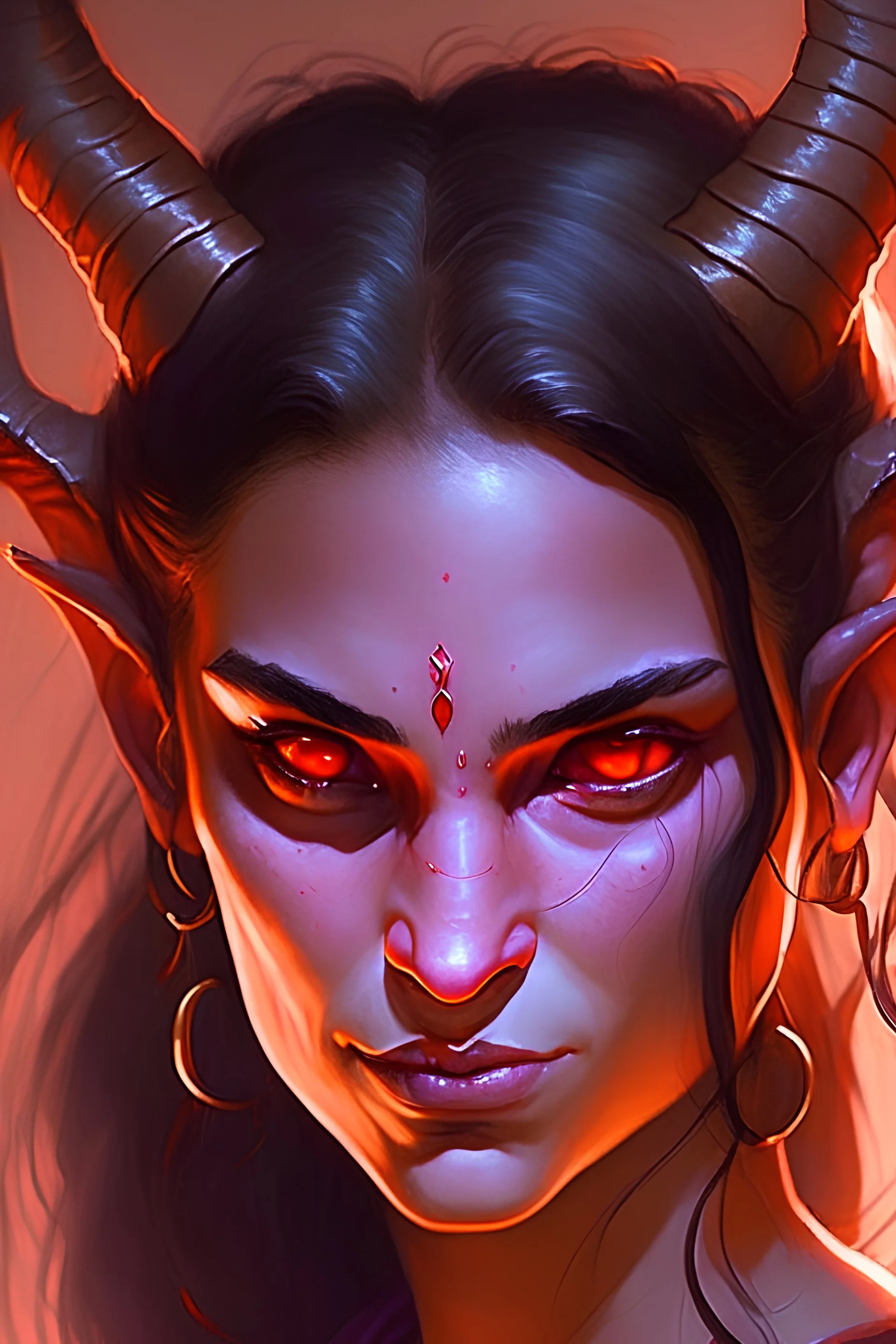 purple skin, glowing fiery eyes, smirk, soft female face, beautiful, graceful, horns from forehead, pontail, black hair, sidebangs