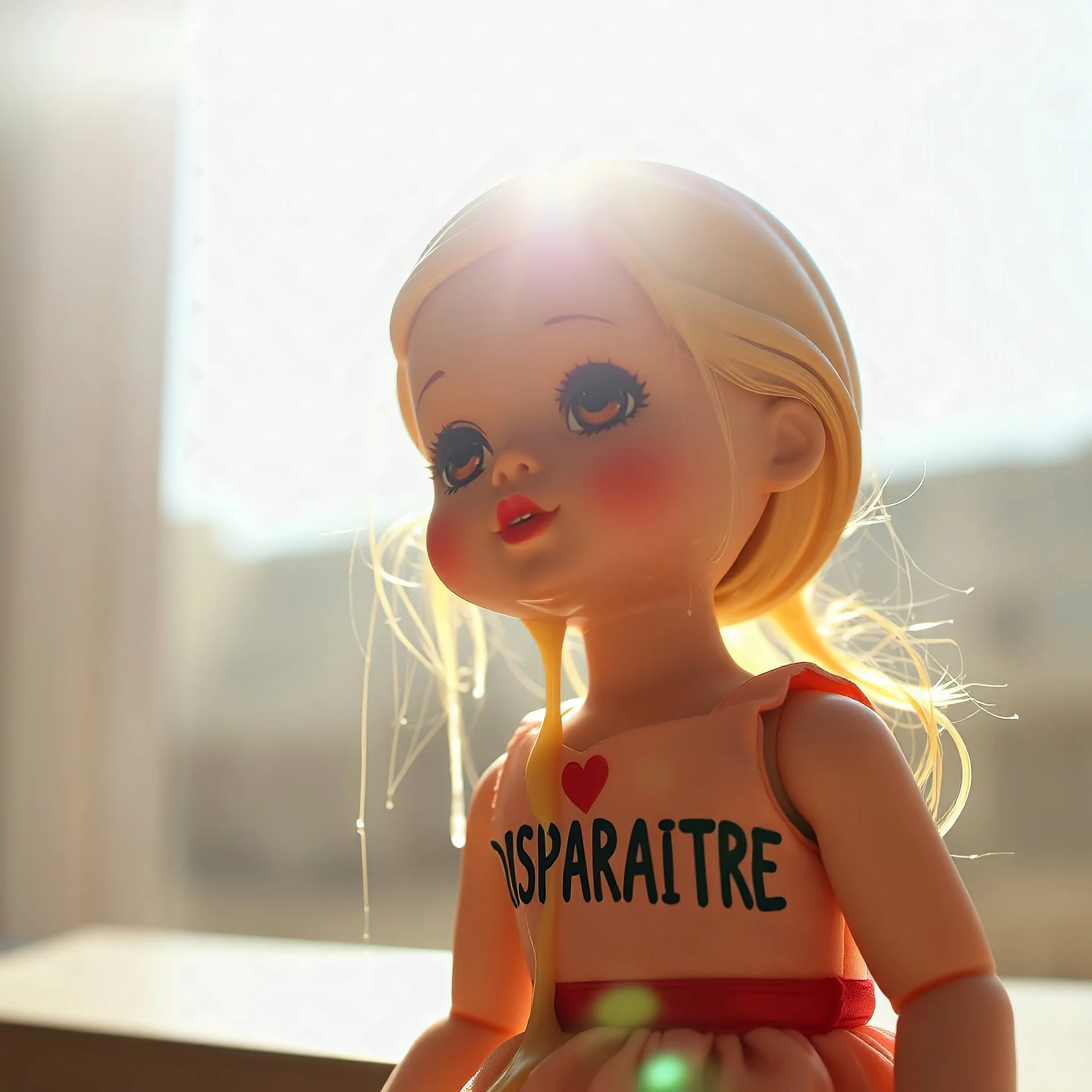 doll melting in sunlight, dripping, with the French word "DISPARAÎTRE" on the doll, dazzling sun, ytopical heatwave