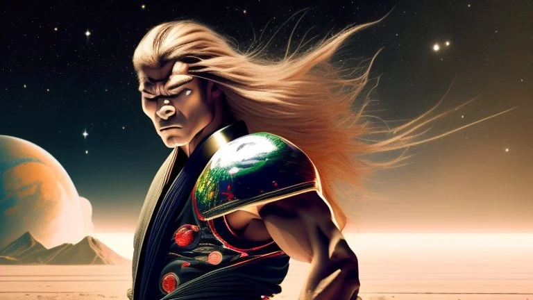 Martial Arts master, kicking, fighting, long hair, epic, space, planetary, planet destroying, dark, cute