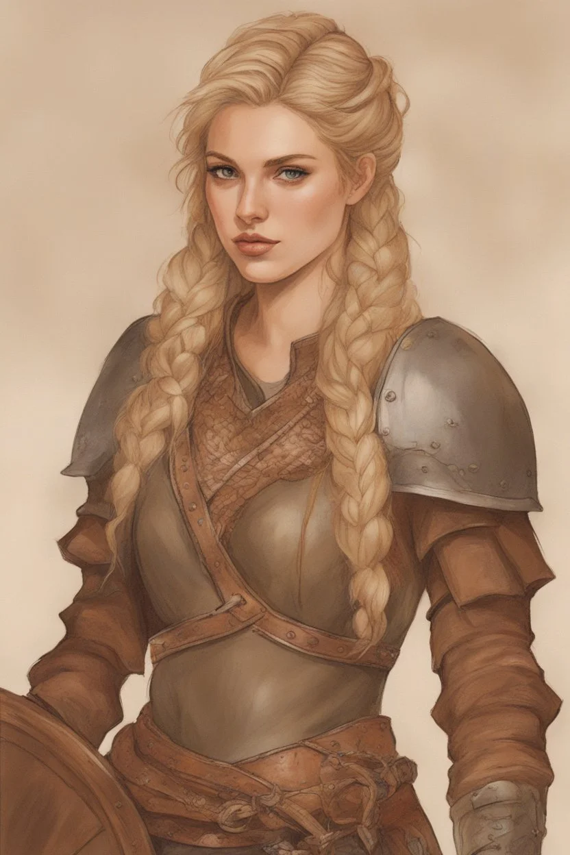 A drawing of beautiful woman with blond hair, viking braids, undercut. Brown leather armor.