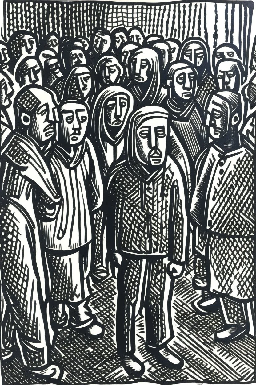 Block print anxious about meeting a crowd of strangers