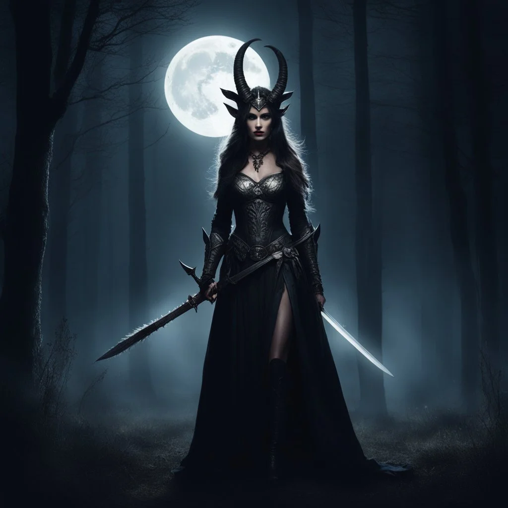 In the shadowed glade, where the moon cast an eerie glow, a figure emerged from the darkness. A demoness, with goat horns spiraling from her head, stood tall and proud. Her vestal linen dress stained with the blood of the sacrifice she had just made. The demoness wielded a sword, gleaming in the moonlight, a weapon of ancient power and dark intent. Her eyes, a fiery gaze that spoke of untold secrets and forbidden knowledge, surveyed the scene before her with a mix of satisfaction and hunger. The