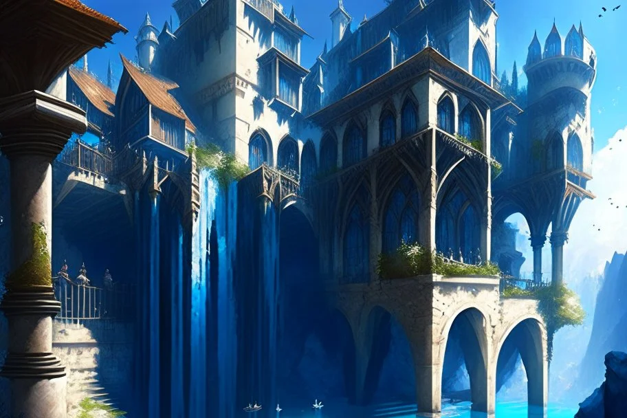 medieval buildings with balconies overhanging lake edge with blue sky and people, photorealism, fantastical, intricate detail, splash screen, concept art