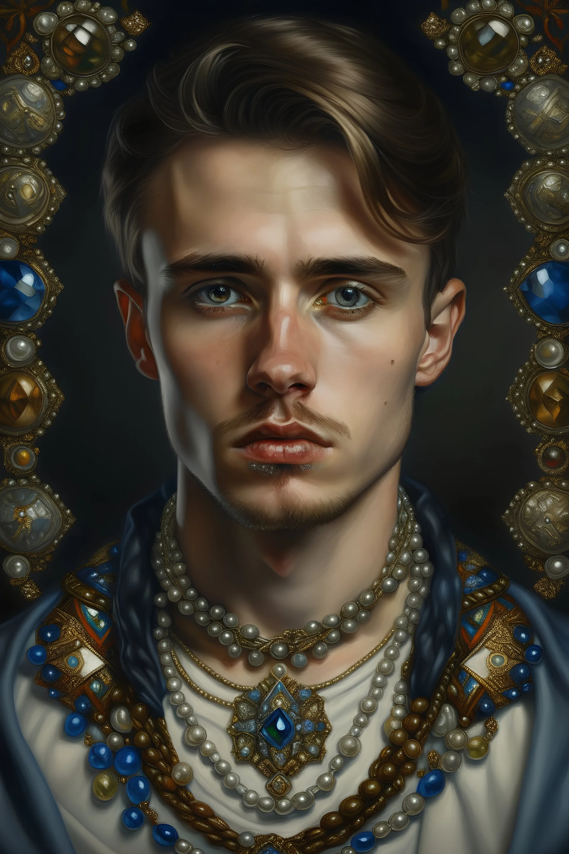 Portrait of a beautiful young man, decorated with jewels and precious stones, very beautiful detail hyperrealistic maximálist concept portrait art