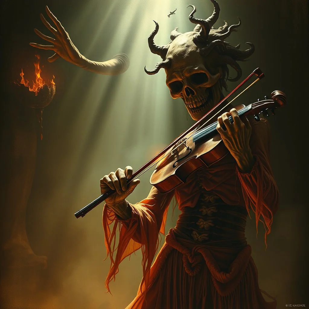 Visual Necromancy, wages of sin zombie violinist, by Zdzislaw Beksinski, by Hieronymus Bosch, by VS Gaitonde, horror poster, cinematic lighting, epic masterpiece