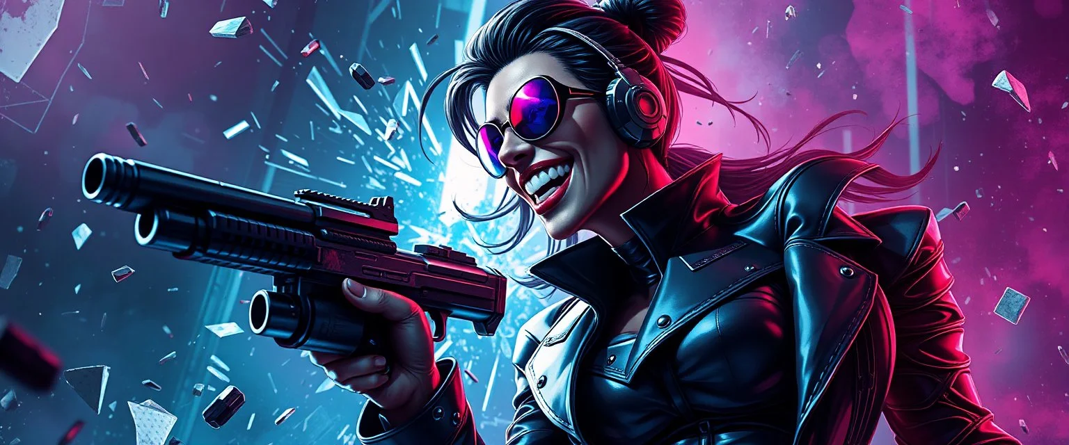 airbrush 3d rendering, mafia cyberpunk stylish lady dr smick Vex is now officially in stasis. No experiments. No clones. No accidental galaxy-ending breakthroughs. sci fi guns and rays, shattering glass background, flying debris, mad laugh