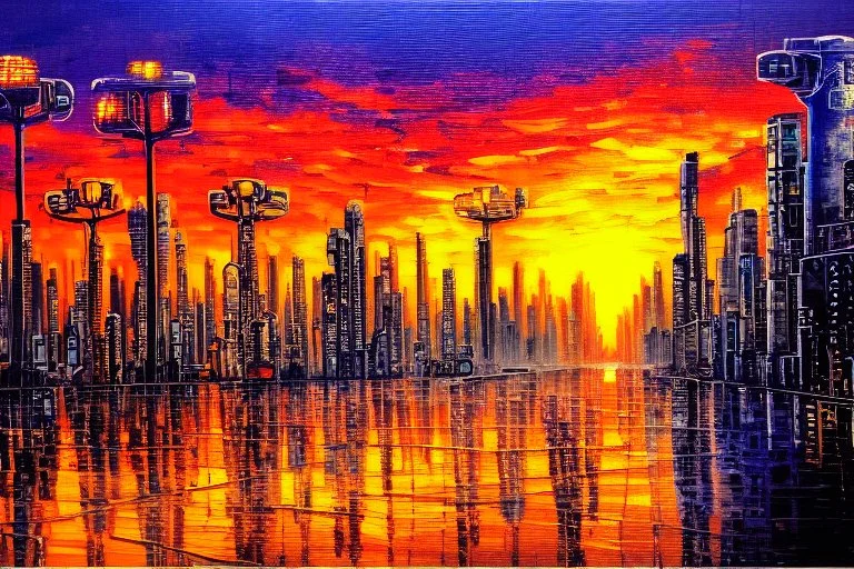 Cyberpunk City, sunset, trees, sci-fi, impressionism painting