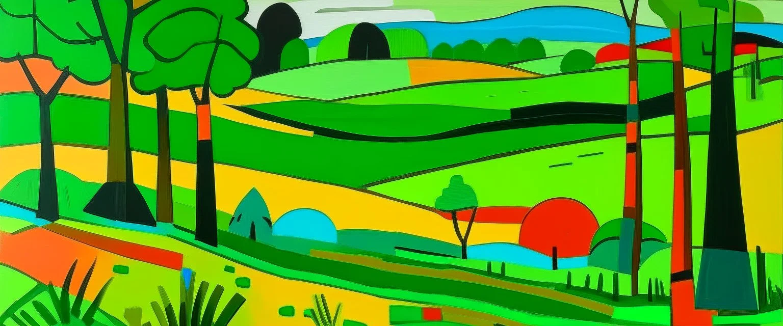 A green grassland near a clearing painted by Stuart Davis