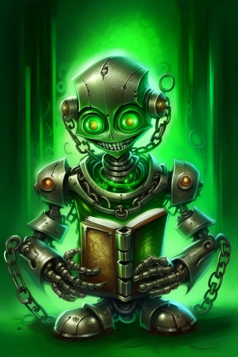 book illustration, oil painting portrait of metallic green faced slightly cute smirking robot vampire holding small earth in chain, bokeh , high detail, smooth render, prize winning