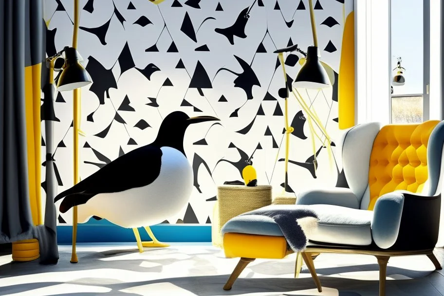 human feet pattern decorated wallpaper in the background and a penguin shaped and penguin coloured (black and white) armchair in a modern room in sunshine