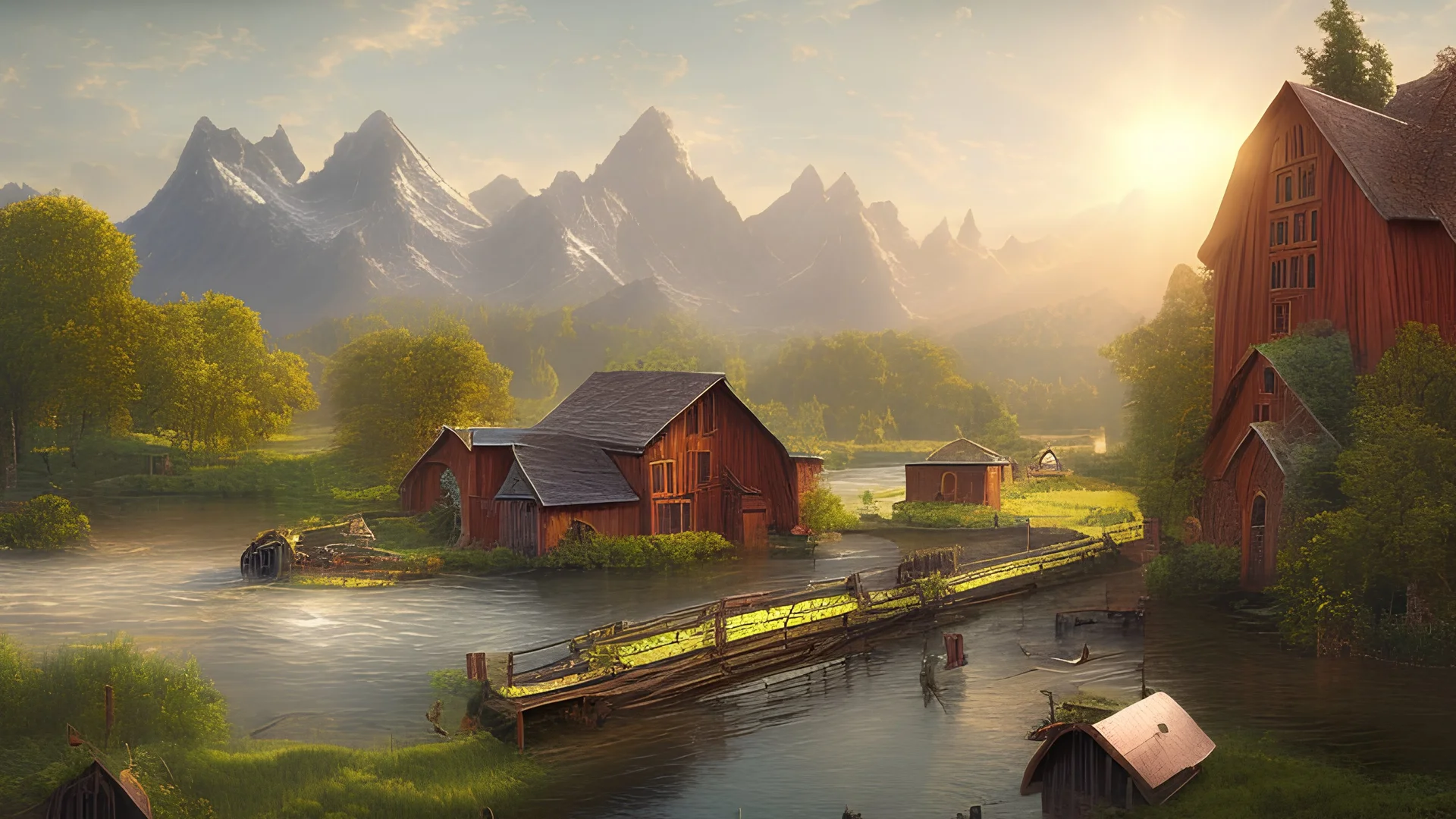 Looking across a torrential river to a village of new wooden houses, circular wooden church and farm buildings, and mountains in the far distance, highly detailed, realistic, sunshine, RTX