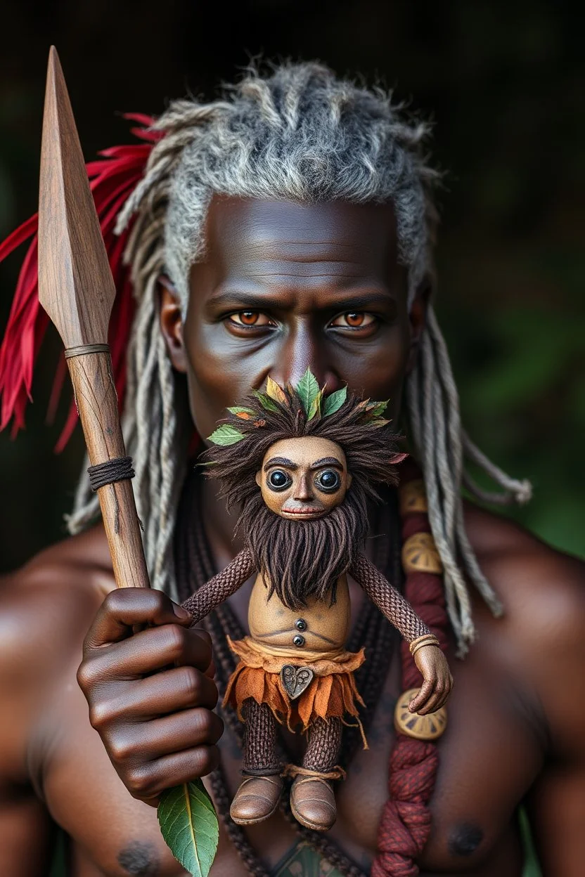 beautiful black skin warrior man gray hair holding a voodoo bro doll made from leaves