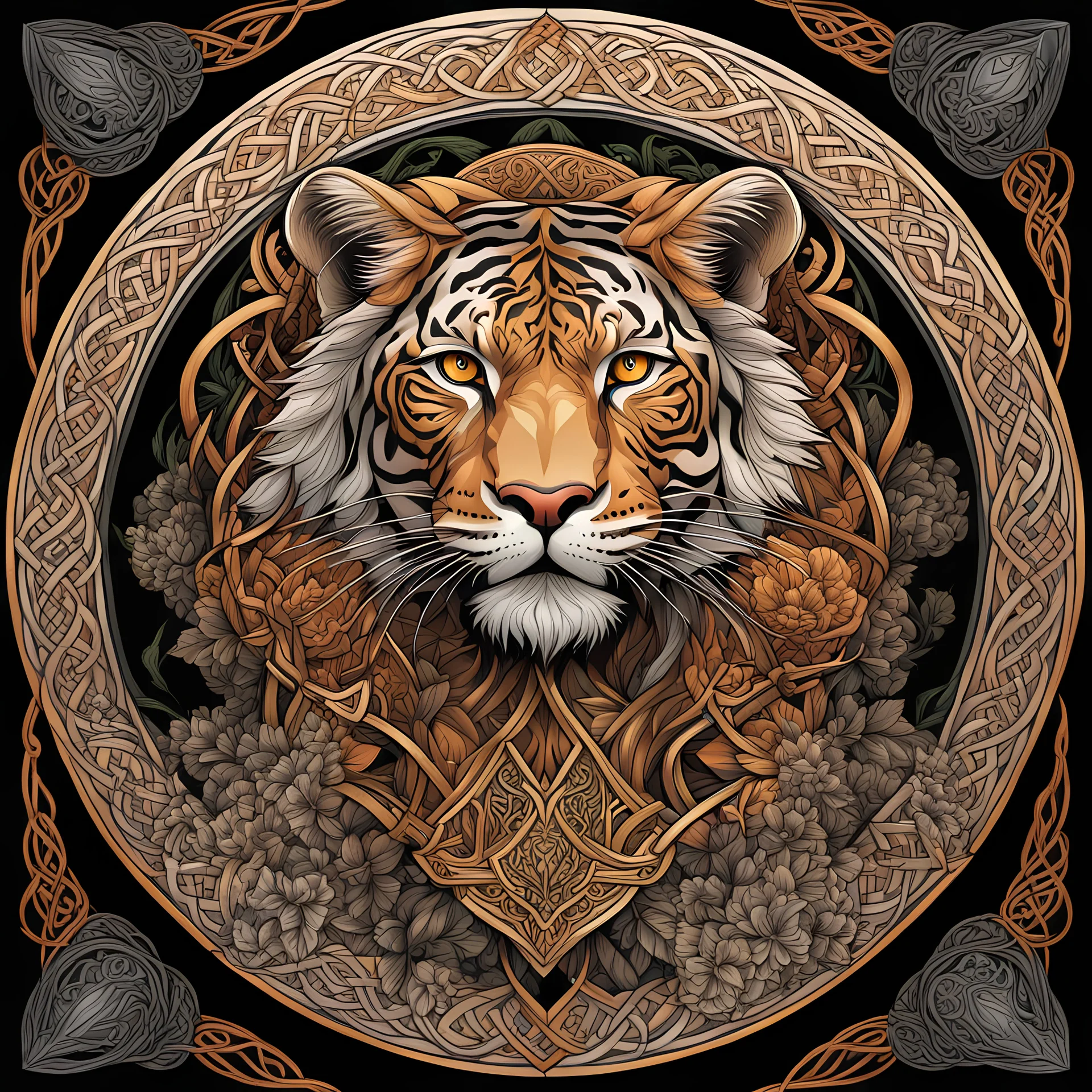 celtic tiger I centered | symmetrical | key visual | intricate | highly detailed | iconic | precise lineart | vibrant and natural all round colors | comprehensive cinematic | alphonse mucha style illustration I very high resolution | sharp focus | poster | no watermarks I plain black background