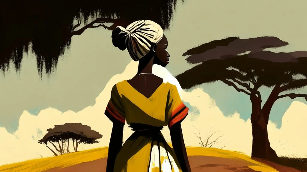 Design, African woman, oil painting, featureless, graphic, drawing without facial features, background, sky, trees, traditional clothes, cartoon, looking left