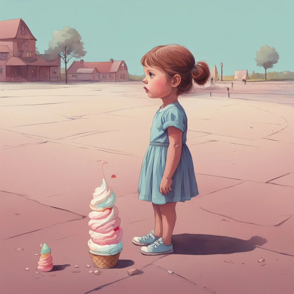 Little girl who has dropped an icecream cone on ground and is looking at it sadly, by Jane Burch Cochran, artistic, profound, dramatic, digital illustration