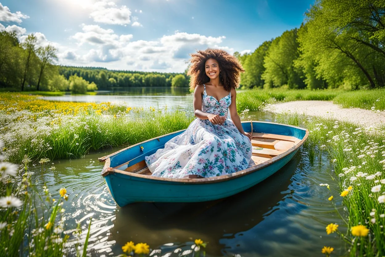 shot from front ,green field and wild flower field ,beautiful girl in pretty dress curly hair sitting in a boat in water toward camera in trees next to wavy river with clear water and nice sands in floor.camera capture from her full body front, spring blosom walking to camera ,wild flowers moving in the wind ,blue sky,moving pretty clouds ,joy full facet.