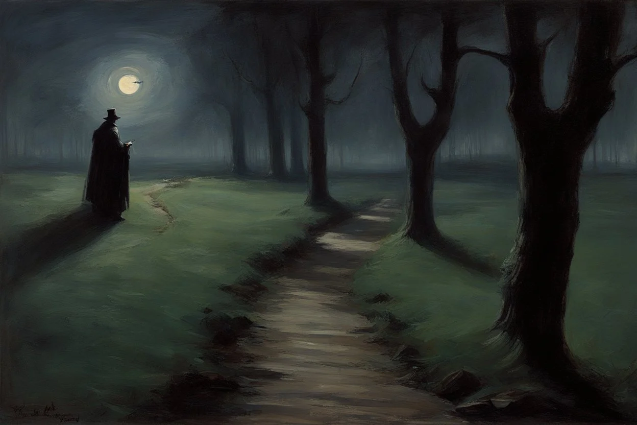 one person, pathway, night, dark gothic horror movies influence, disturbing, bernard van beek and alfred munnings impressionism paintings