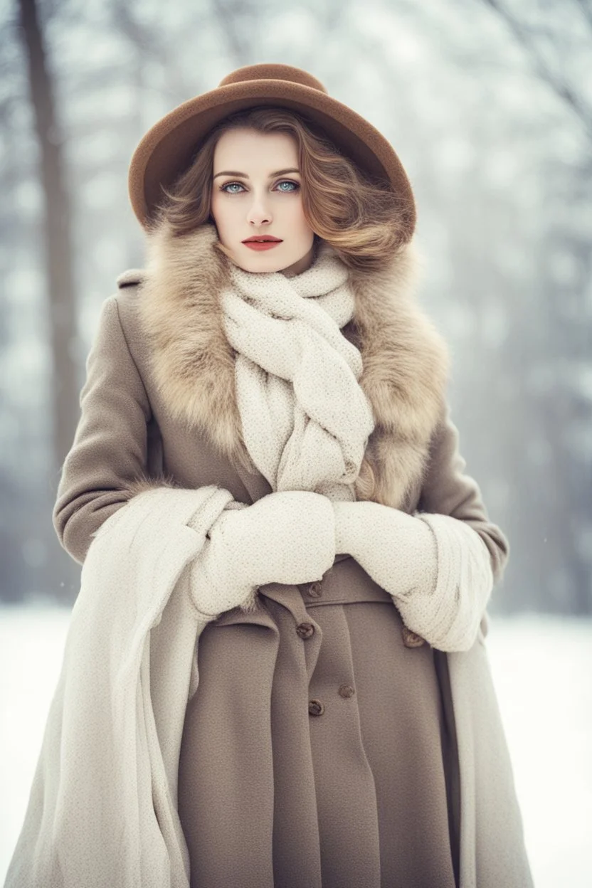 Portrait of a vintage woman in winter half body on a white background