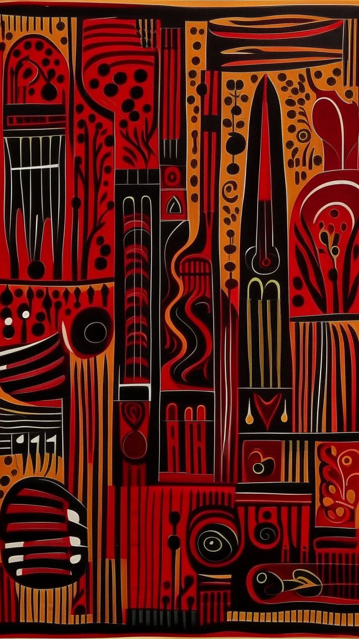 A dark red and dark brown metropolis with music notes designed in Kuna molas painted by Henri Matisse