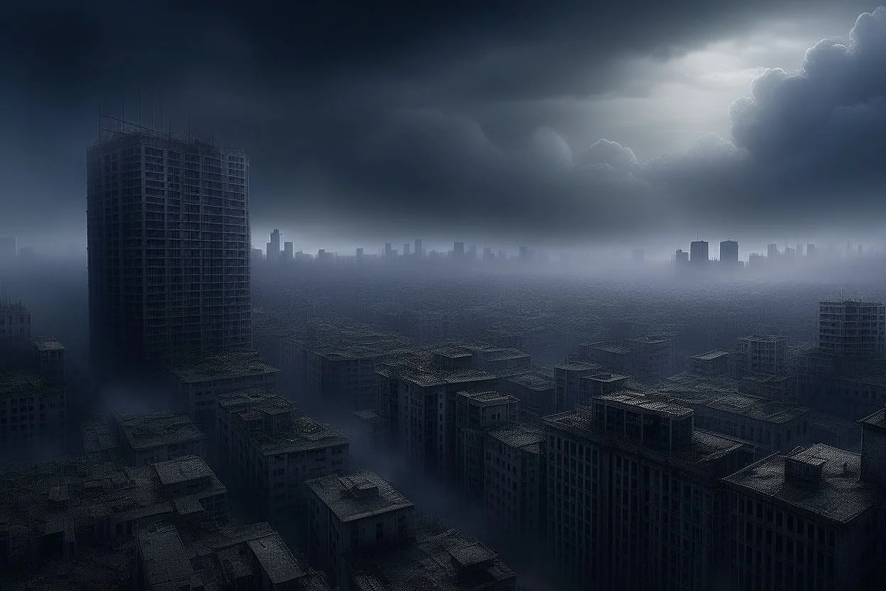 A dark, disrepair city in the clouds