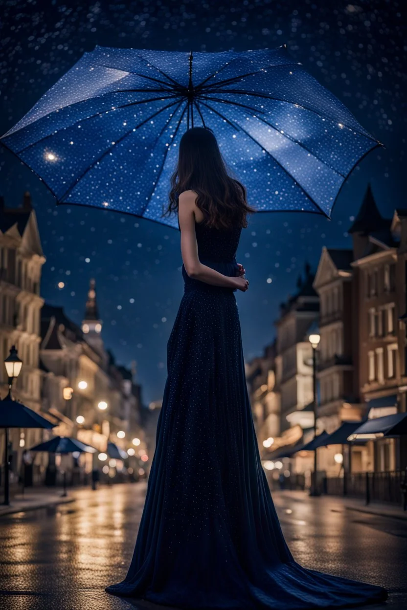 Under a starry umbrella and cityscape long dress, she’s the queen of the night, dark deep colours, starry dark blue sky, high sharped, dtelied, cinematic, atmospheric, weird, crepy stunning