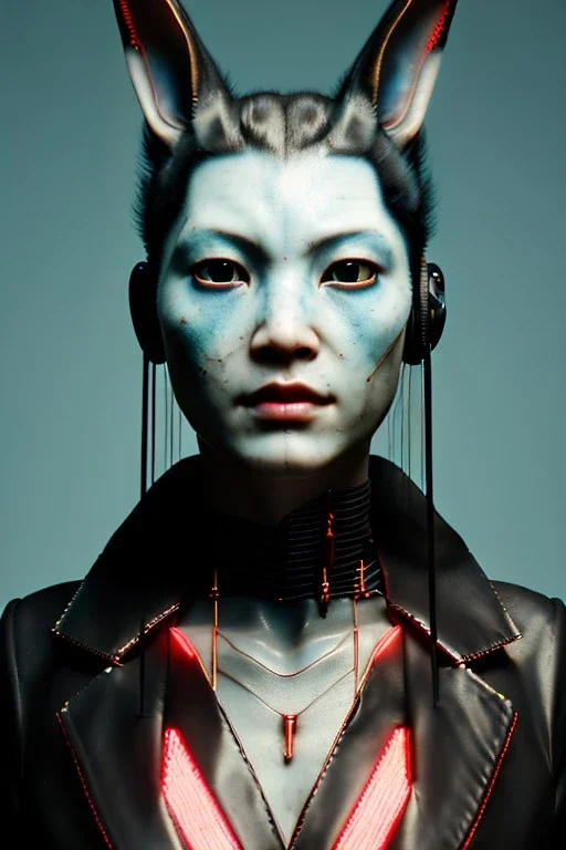 Medium Close Up Portrait, Front image. cyberpunk, rabbit mask, asian woman, feather hair. Latex suit. white, red, color. Yakuza style. Color background, photo studio. Avatar image, highly detailed, concept art, smooth, unreal engine 5, ray tracing, RTX, lumen lighting, ultra detail, volumetric lighting, 3d, finely drawn, high definition, high resolution.