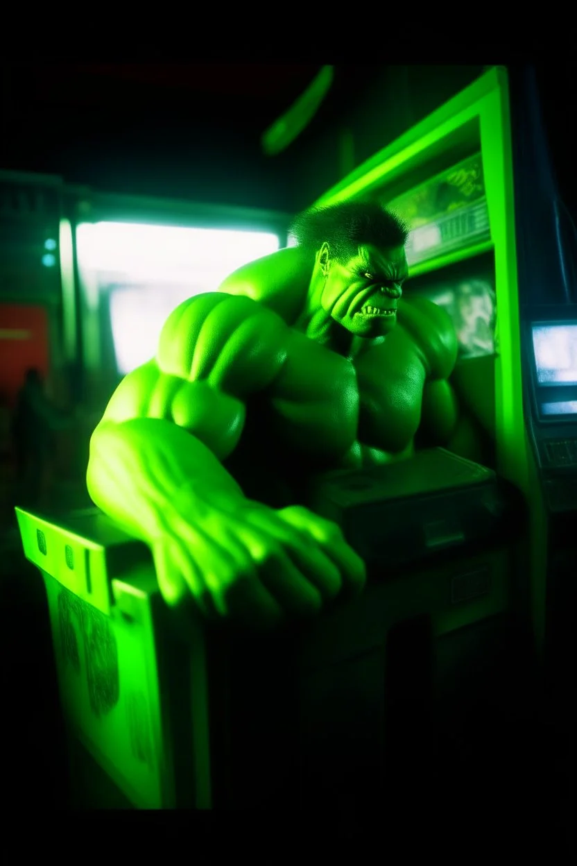 The hulk art from japanese style 1980 movie. Heavy metal arcade. perfect lighting, leica summicron 35mm f2.0, kodak portra 400, film grain. hangover post party, wasted.